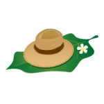 南国の大きな葉っぱの上に置かれた麦わら帽子のイラスト